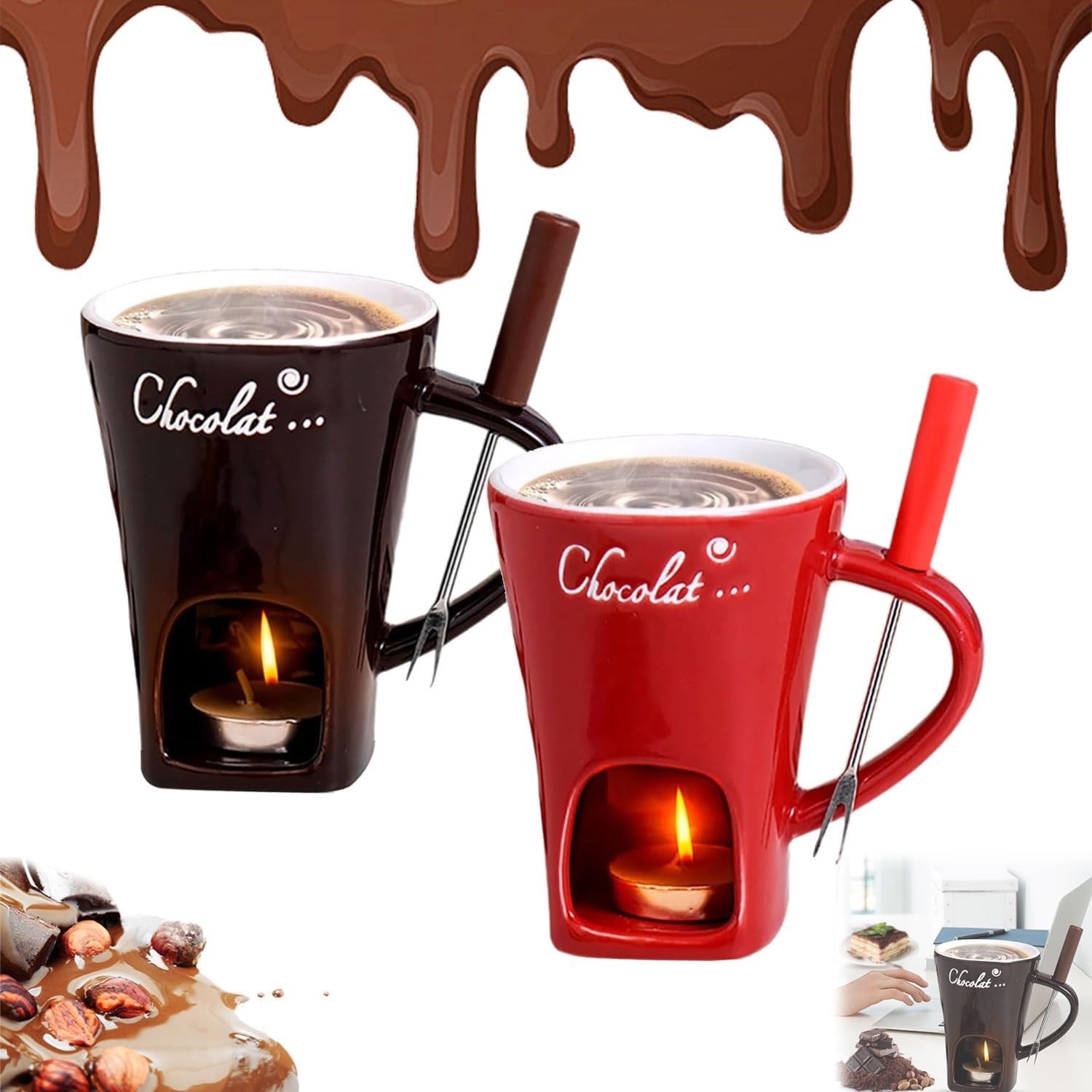 Chocolate Fondue Mugs Set of with Forks(Red+Black)