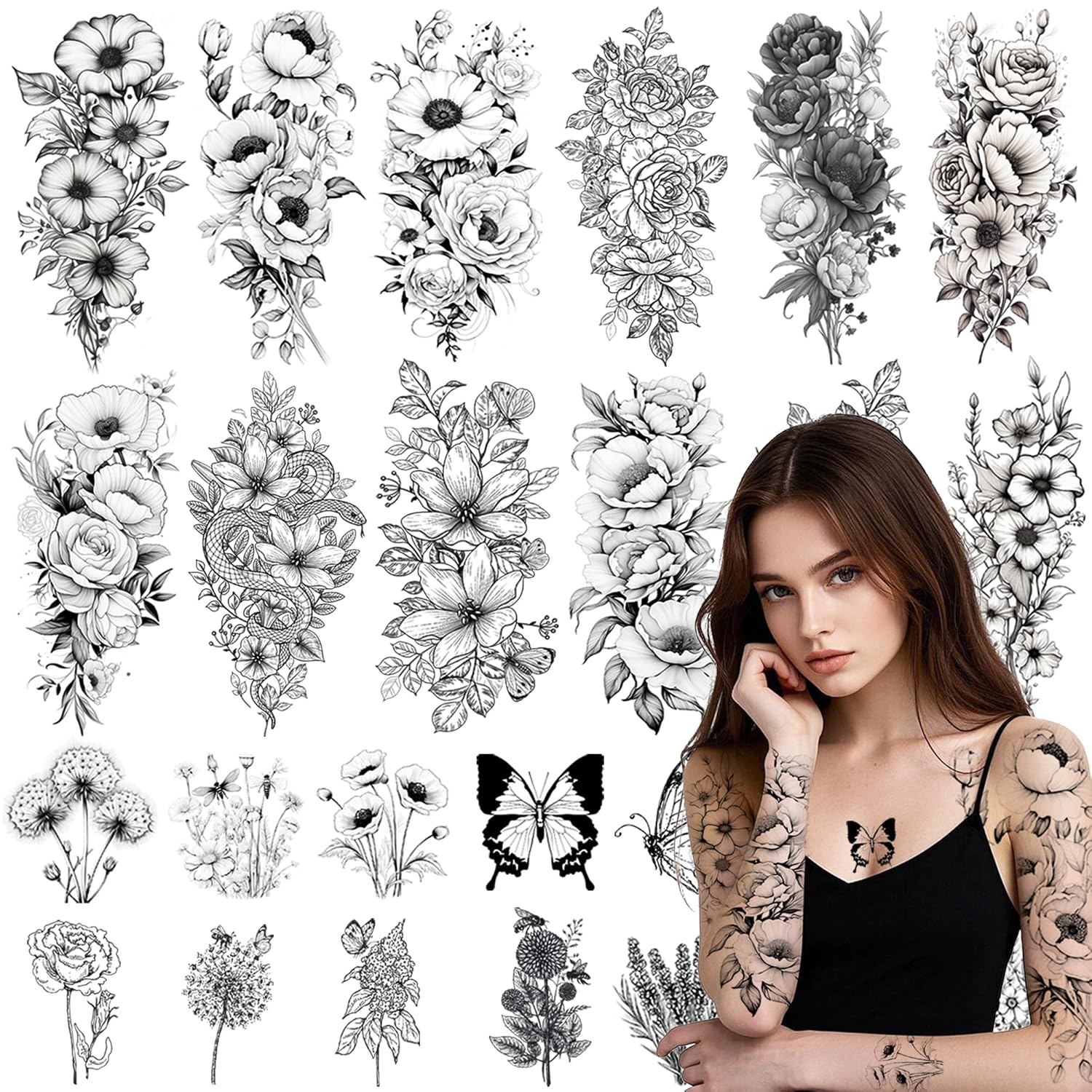 26 Sheets Fake Tattoos Realistic Temporary Tattoos