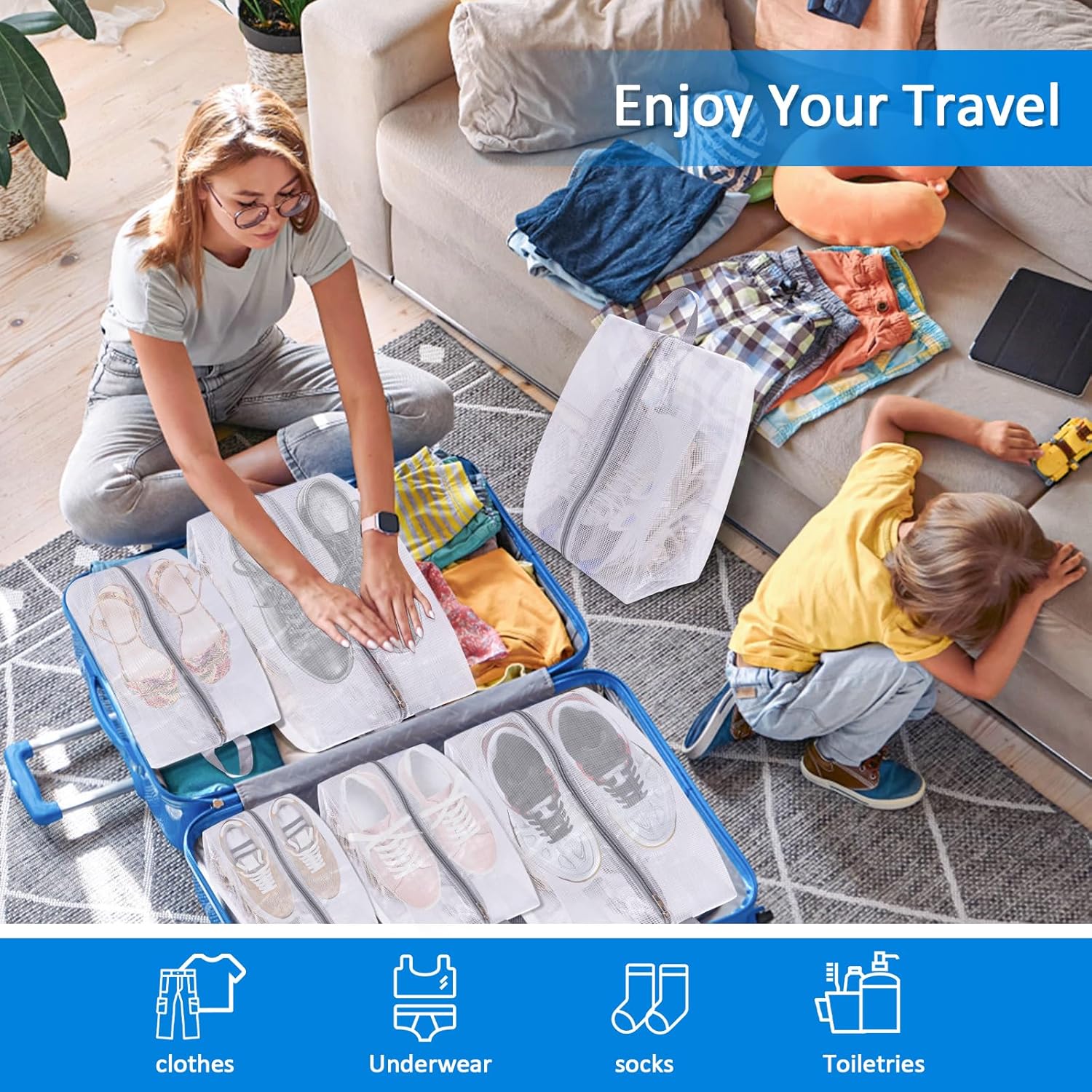 Shoe Bags for Travel, 6 Pack 3 Size Double-Sided Zipper Shoe Bags - Image 6