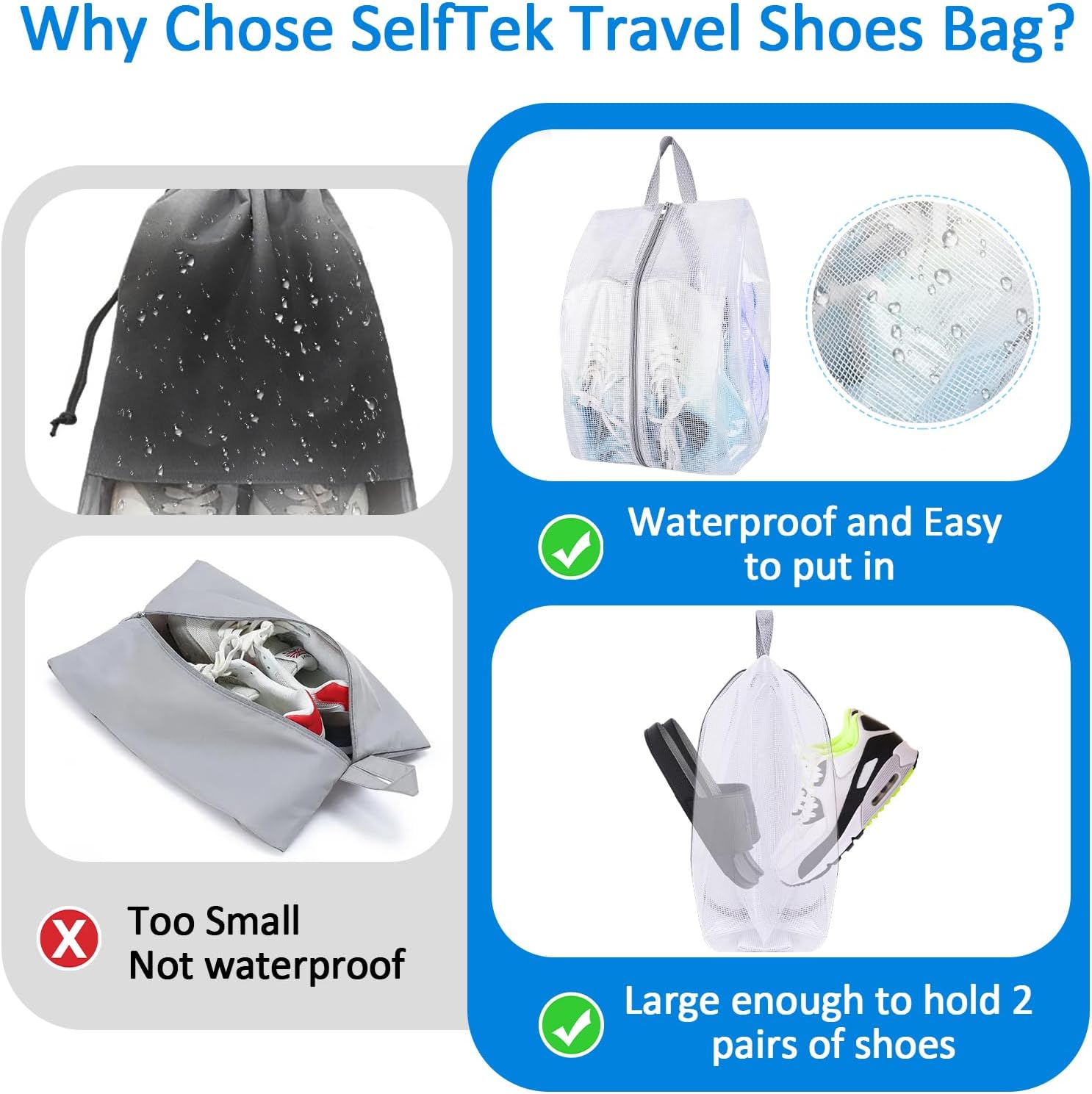 Shoe Bags for Travel, 6 Pack 3 Size Double-Sided Zipper Shoe Bags