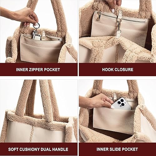 Like Dreams Large Sherpa Tote Bag, Inner Pocket Vegan Leather