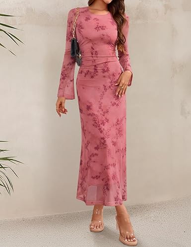 ZESICA Women's Long Sleeve Floral Bodycon Dress - Image 3