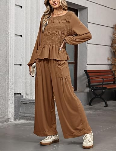 Womens 2-Piece Boho Long Sleeve Smocked Top & Wide Leg Pant