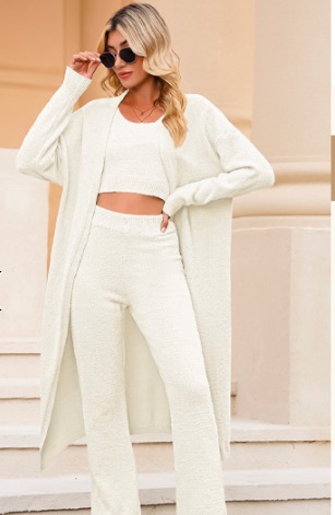 Fixmatti Women's Fuzzy 3 Piece Sweatsuit Open Front Cardigan