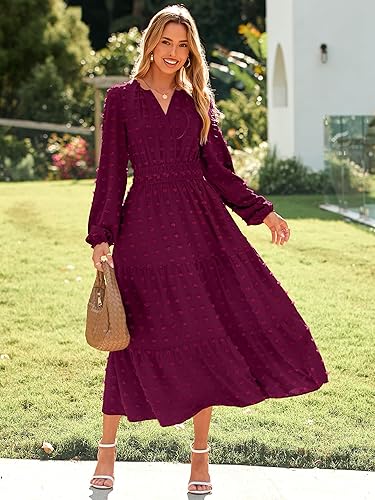 Simplee Womens Long Sleeve Fall Long Dress Swiss Dot Maxi