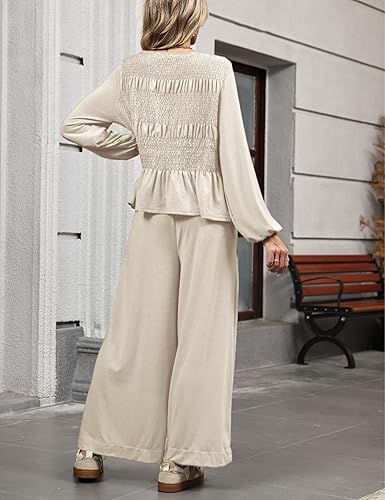 Womens 2-Piece Boho Long Sleeve Smocked Top & Wide Leg Pant - Image 5