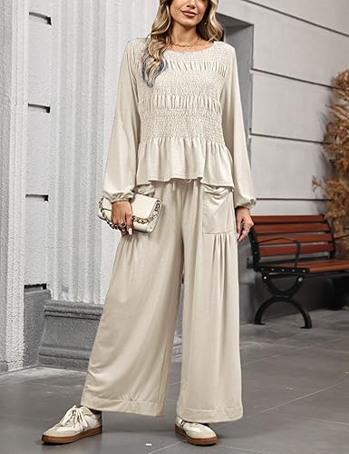 Womens 2-Piece Boho Long Sleeve Smocked Top & Wide Leg Pant - Image 7