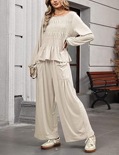 Womens 2-Piece Boho Long Sleeve Smocked Top & Wide Leg Pant - Image 6