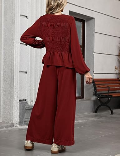 Womens 2-Piece Boho Long Sleeve Smocked Top & Wide Leg Pant - Image 8