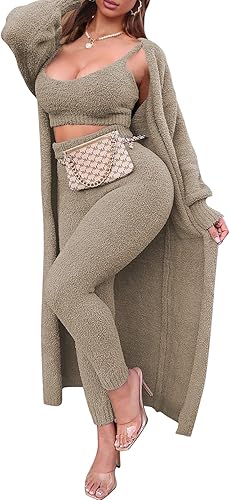 Fixmatti Women's Fuzzy 3 Piece Sweatsuit Open Front Cardigan - Image 6