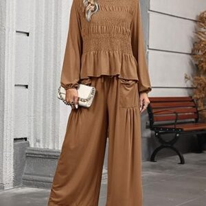 Womens 2-Piece Boho Long Sleeve Smocked Top & Wide Leg Pant