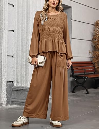 Womens 2-Piece Boho Long Sleeve Smocked Top & Wide Leg Pant