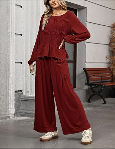 Womens 2-Piece Boho Long Sleeve Smocked Top & Wide Leg Pant - Image 10