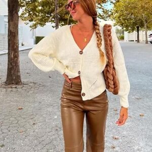 Women's Faux Leather Pants Button PU Jeans