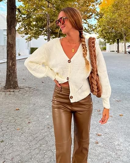 Women's Faux Leather Pants Button PU Jeans