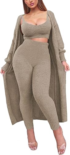 Fixmatti Women's Fuzzy 3 Piece Sweatsuit Open Front Cardigan - Image 7