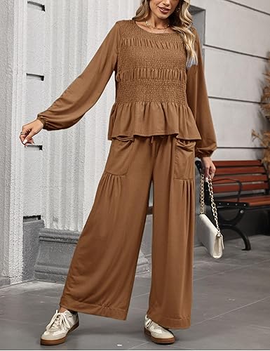Womens 2-Piece Boho Long Sleeve Smocked Top & Wide Leg Pant - Image 4