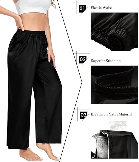 SWOMOG Women's Silk Satin Pajama Pants Longs Silky Pants