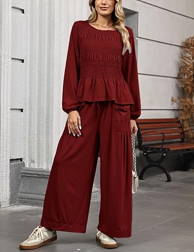 Womens 2-Piece Boho Long Sleeve Smocked Top & Wide Leg Pant - Image 9
