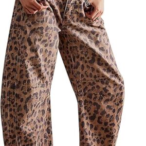 Women Leopard Barrel Jeans Casual Wide Leg Baggy