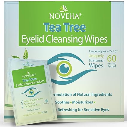 NOVEHA 60PCs Tea Tree Oil Eyelid & Lash Wipes With Hyaluronic Acid