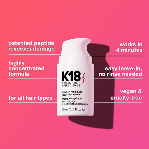 K18 Leave-In Molecular Hair Mask, Repairs Dry or Damaged Hair.
