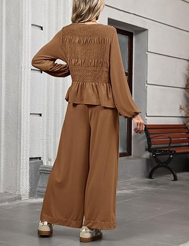 Womens 2-Piece Boho Long Sleeve Smocked Top & Wide Leg Pant - Image 3