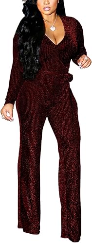 LightlyKiss Women Casual Sexy V Neck Sparkly Jumpsuits Long Sleeve