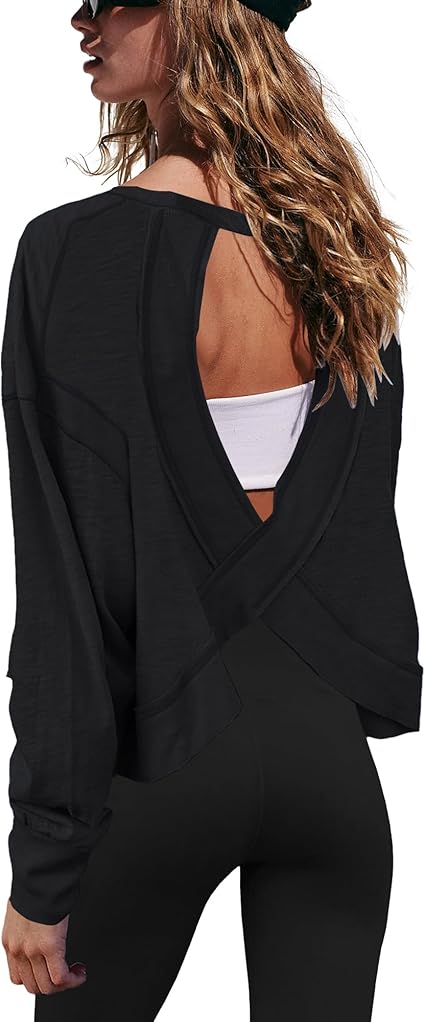 Gacaky Womens Open Back Loose Workout Tops Backless Long Sleeve - Image 3