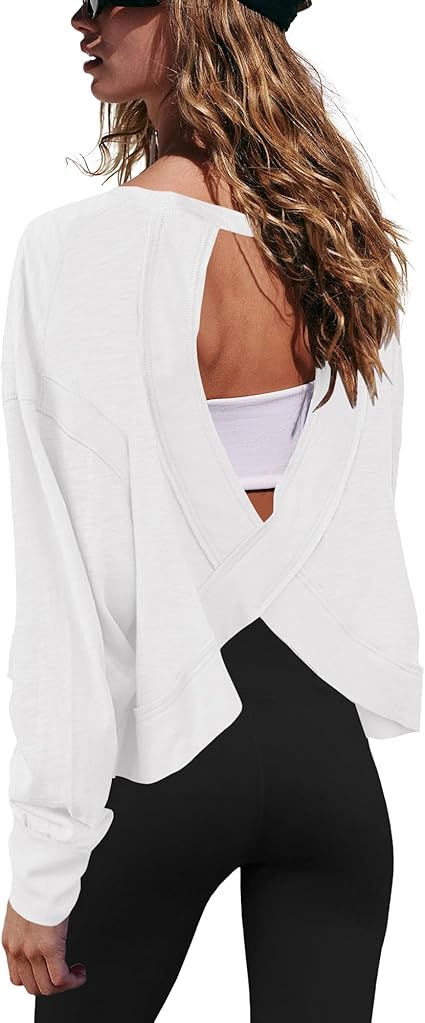 Gacaky Womens Open Back Loose Workout Tops Backless Long Sleeve - Image 2