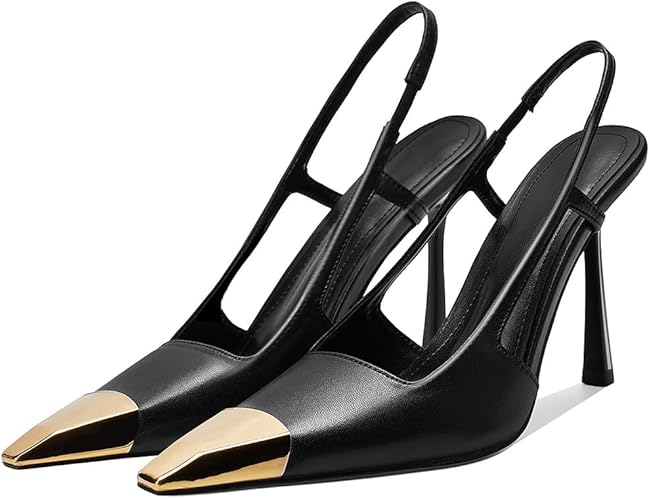 THESHY Womens Slingback High Heels Metal Pointed Toe Leather