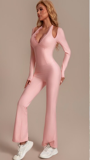 Women Workout Scrunch Flare Jumpsuits Lace Deep - Image 6