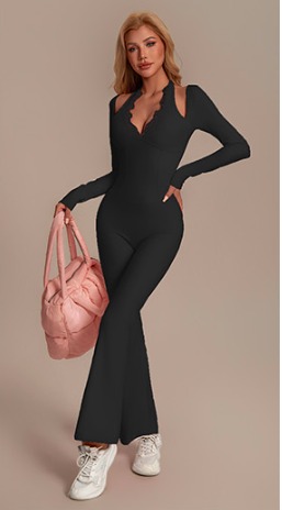 Women Workout Scrunch Flare Jumpsuits Lace Deep