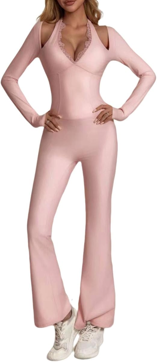 Women Workout Scrunch Flare Jumpsuits Lace Deep - Image 9