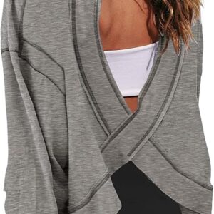 Gacaky Womens Open Back Loose Workout Tops Backless Long Sleeve