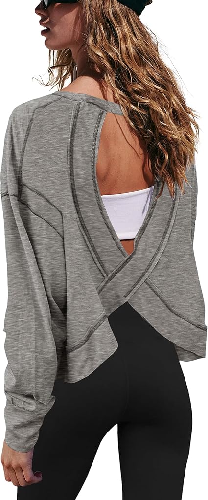 Gacaky Womens Open Back Loose Workout Tops Backless Long Sleeve