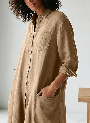 CHARTOU Women Linen Button Down Long Sleeve Wide Leg Jumpsuit