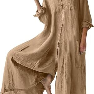 CHARTOU Women Linen Button Down Long Sleeve Wide Leg Jumpsuit
