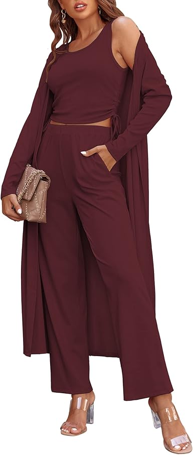 Ekouaer Women's 3 Piece Lounge Set Pajama Long Sleeve Cardigan