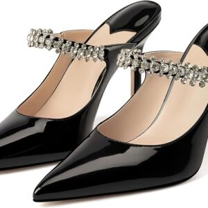 Heeled Mules for Women Rhinestone Heels Pointed Toe Slip On 4 Inch Stiletto