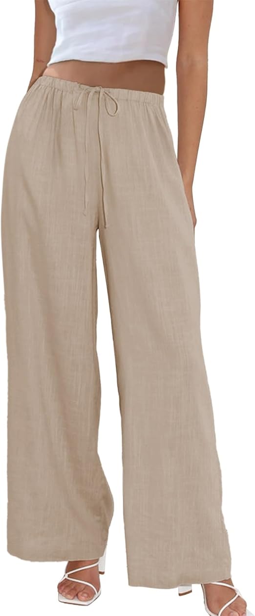 Duyang Womens Cotton Linen Palazzo Pants Drawstring