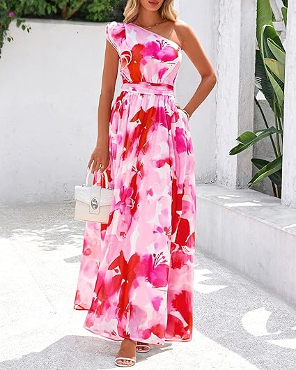 BTFBM Women Summer One Shoulder Floral Wedding Guest Dresses