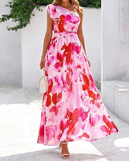 BTFBM Women Summer One Shoulder Floral Wedding Guest Dresses - Image 4