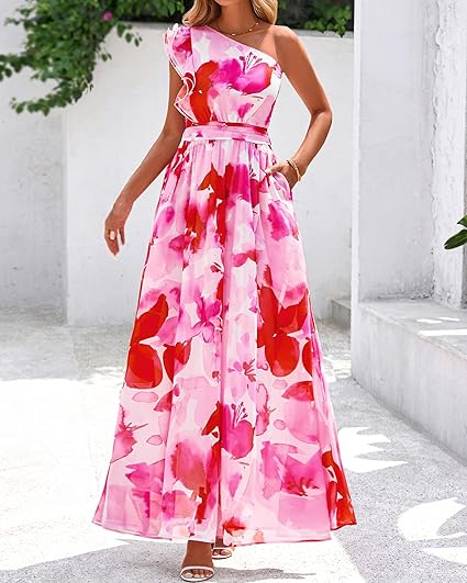 BTFBM Women Summer One Shoulder Floral Wedding Guest Dresses - Image 3