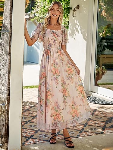 Simplee Womens Floral Maxi Dresses 2026 Summer Square Neck Mesh