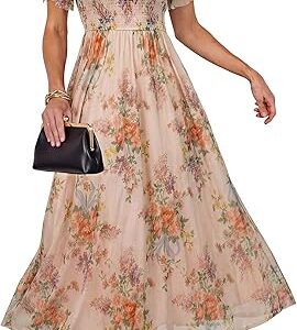 Simplee Womens Floral Maxi Dresses 2026 Summer Square Neck Mesh