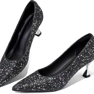 Women’s Kitten High Heels 2 Inch Sequined Pointed Toe Pumps