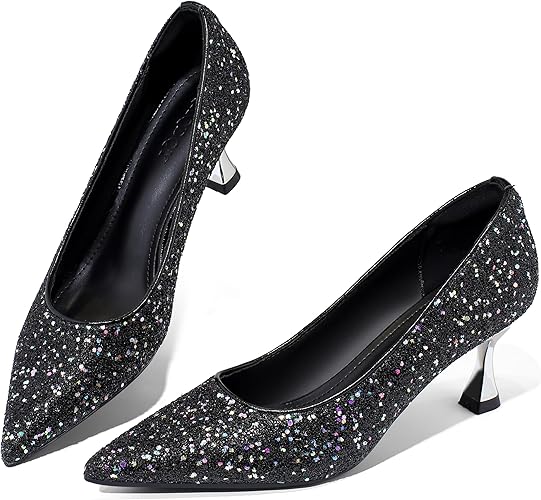 Women’s Kitten High Heels 2 Inch Sequined Pointed Toe Pumps