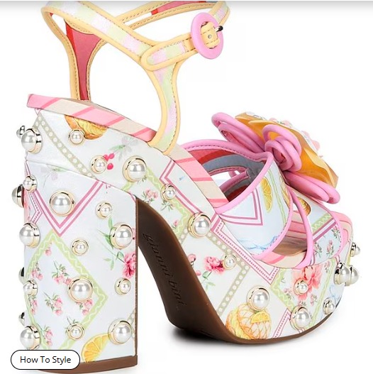 Brook Two Floral Postcard Print Pearl Platform Block Heel Dress Sandals - Image 3