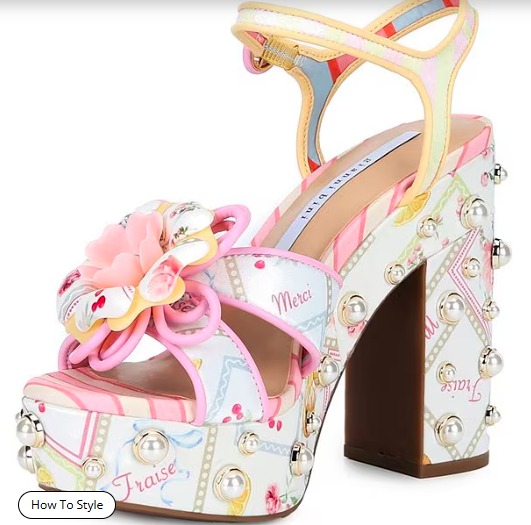 Brook Two Floral Postcard Print Pearl Platform Block Heel Dress Sandals - Image 4